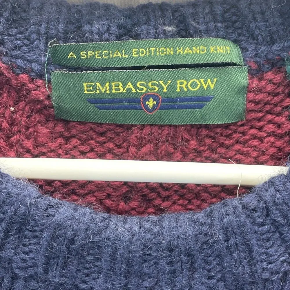 Vtg Embassy Row XL Blue Green Red Wool Sweater Color Block Cable Knit Crew Men's